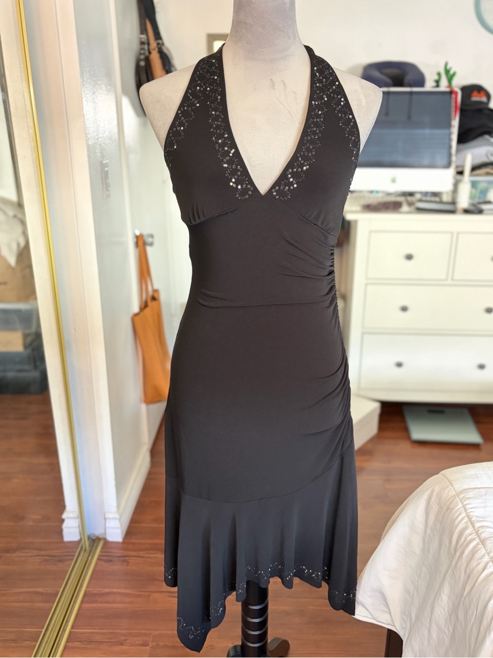 XOXO Black Halter Midi Dress with Sequin Accents